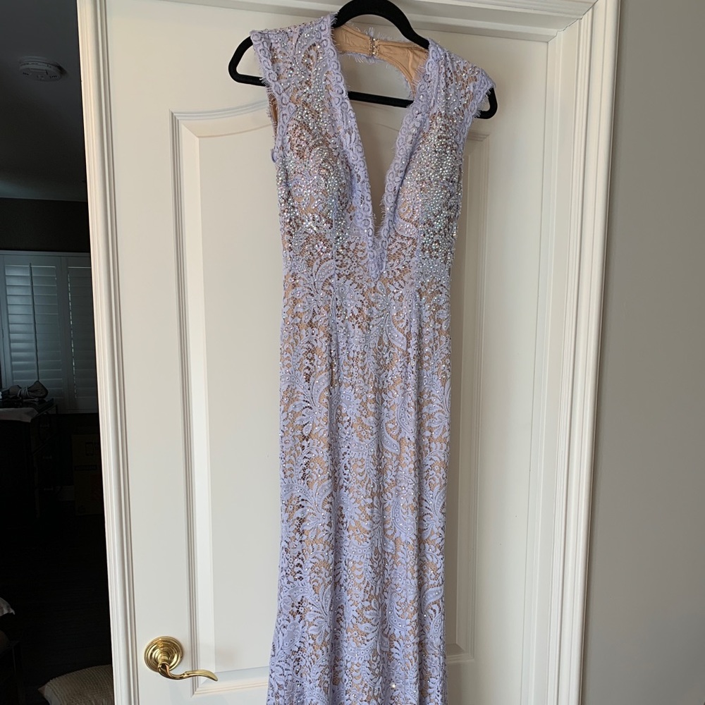 Jovani Lavender Lilac Floral Beaded Lace Gown